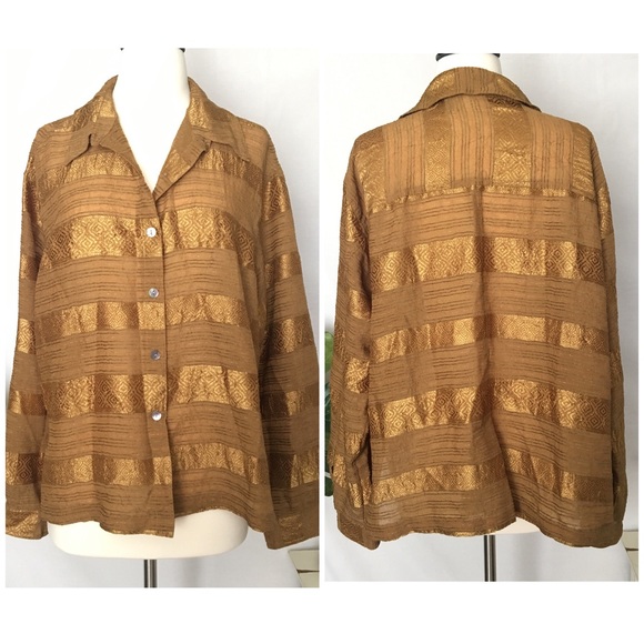 CHICOS DESIGN | Metallic Gold Button Down Shirt XL - Picture 2 of 8